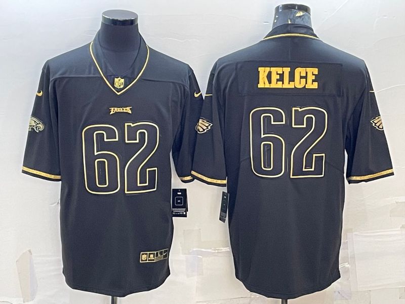 Men Philadelphia Eagles #62 Kelce Black Retro Gold Lettering 2022 Nike NFL Jersey
